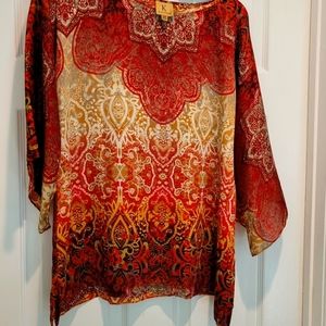 Kasper Women's Top Sz P/S orange multi, 3/4 lgth bell sleeves, side slits